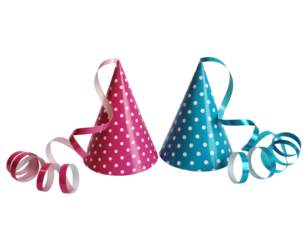 Two polka dot party hats one pink and one blue with curling ribbons isolated on transparent background