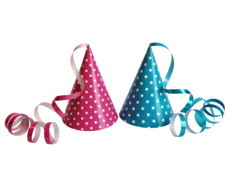 Two polka dot party hats one pink and one blue with curling ribbons isolated on transparent background