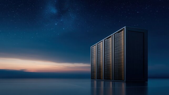 Row of Servers on Reflective Floor at Night Under Starry Sky in Data Center