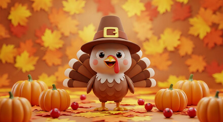 Cartoon turkey in a pilgrim hat, surrounded by pumpkins and autumn leaves, represents Thanksgiving celebration, harvest season, and autumnal atmosphere