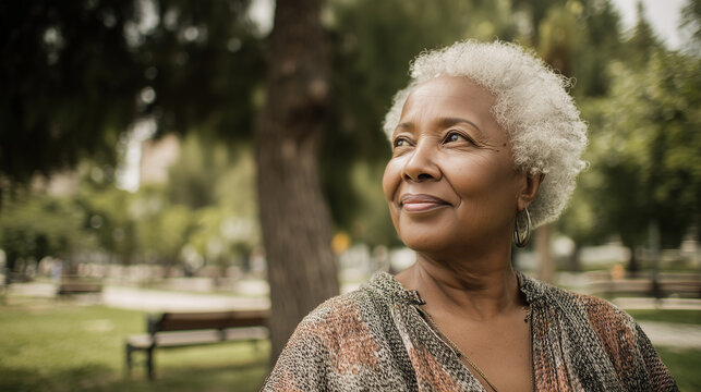 older black woman walking in park, smiling and looking around her with trees behind her. white hair. Afternoon shot with natural lighting, grass near paths where people walk or sit at benches, enjoyin