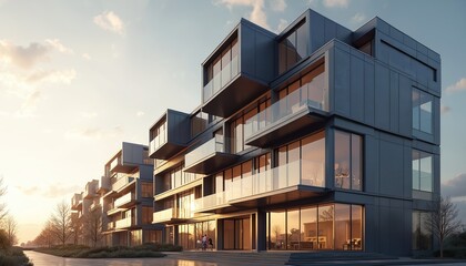 Obraz premium Modern modular building shows rectangular glass, metal design. Multistorey condo presents stylish living. Urban construction with geometrical pattern, aesthetic facade. Innovative architecture