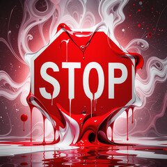 Artistic STOP sign with dripping paint effects, vibrant colors, abstract background