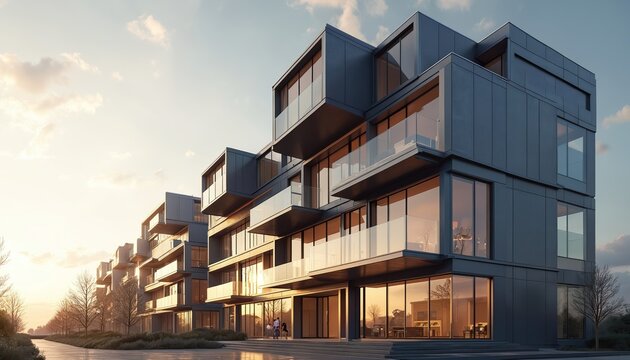 Modern modular building shows rectangular glass, metal design. Multistorey condo presents stylish living. Urban construction with geometrical pattern, aesthetic facade. Innovative architecture