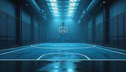 Futuristic basketball court interior. Empty sport arena with lines and net. Cyberpunk inspired design. Dark blue tones. Modern architectural structure with lights. Conceptual space.