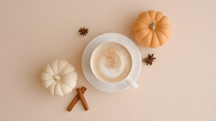 Autumn composition. Cup of coffee, pumpkins, and spices on a white background. Flat lay, top view. Pumpkin latte or cappuccino with cinnamon.