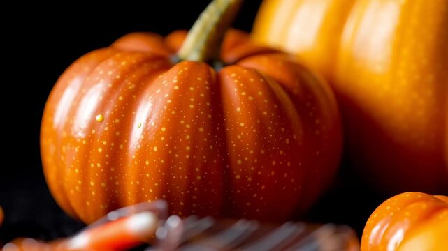 A black background with a bunch of orange pumpkins and candy. The candy is in a plastic wrapper and the pumpkins are in a pile