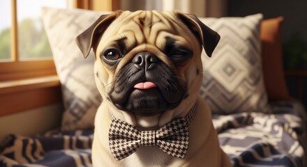 Cute pug portrait with bowtie, winking indoors. Perfect for pet-related marketing, greeting cards, pet adoption campaigns. Ideal for Valentine's Day, birthdays.