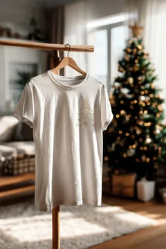 Christmas T-shirt display on hanger with seasonal decor