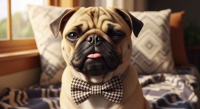 Cute pug portrait with bowtie, winking indoors. Perfect for pet-related marketing, greeting cards, pet adoption campaigns. Ideal for Valentine's Day, birthdays.