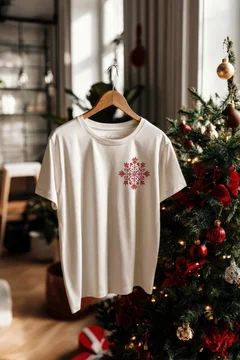 Holiday T-shirt mockup on wooden hanger near Christmas tree