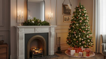 Cozy Christmas living room, festive fireplace, decorated tree, glowing lights, presents, warm holiday atmosphere, perfect for home decor, virtual backgrounds, winter aesthetics, celebration.