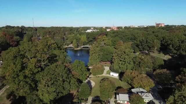 Aerial view of Pullen Park with the NC State University campus in the distance