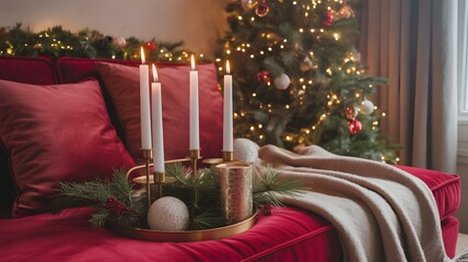 Cozy Christmas decor featuring lit candles, pine branches, red velvet sofa, and a blurred festive tree. Ideal for holiday backgrounds, warm winter aesthetics, inviting home interior, virtual video 