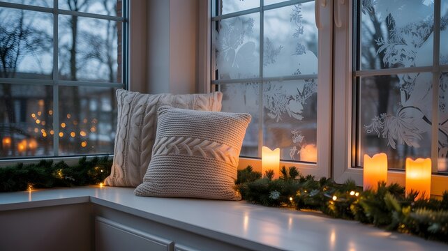 Cozy winter window scene with knitted pillows, festive garland, warm LED candles, elegant frosted glass, creating a serene holiday home aesthetic, perfect for virtual backgrounds.