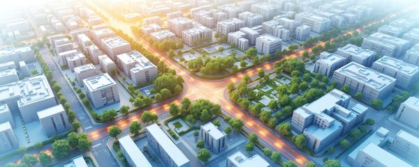 Fototapeta premium Aerial illustration city plan urban infrastructure, modern design. Residential buildings commercial areas, transportation networks displayed. Urban planning concept shows development, zoning.