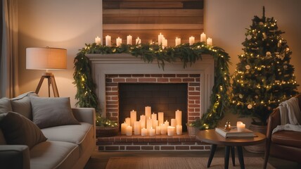 Cozy Christmas living room with glowing candles, festive garland, twinkling Christmas tree, warm holiday ambiance, ideal for virtual background, home decor, winter aesthetics.