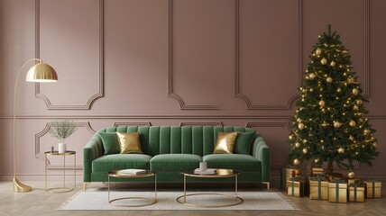 Elegant Christmas living room, green velvet sofa, gold decor, festive tree, cozy holiday aesthetics, luxury interior design, modern classic home background, inviting blush wall space