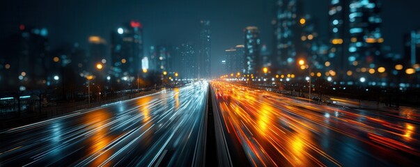 Night Traffic Flowing Through a Busy City With Blurred Skyscrapers
