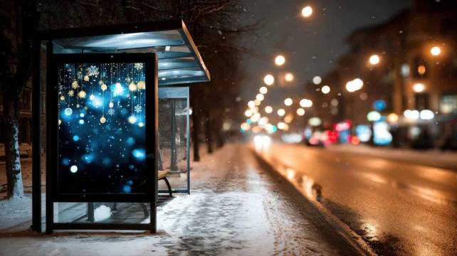Glowing billboard with festive lights on winter urban background