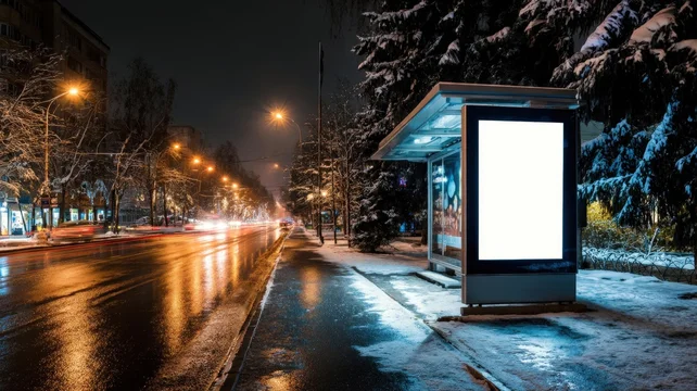 Billboard mockup for New Year design in snowy city street at night