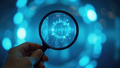 Hand holds magnifying glass exploring futuristic glowing blue digital interface. Person scrutinizes data analysis on blurred background. Search for info, insight discovery.