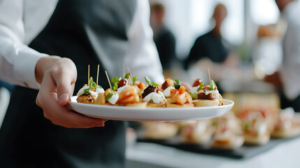 A server presents a platter of gourmet appetizers. Delicate canapés topped with cream cheese, fresh herbs, and various colorful toppings. Catering delicious bites for events!