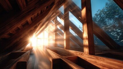 Obraz premium Sun Shines Through Wooden Beams in Loft During Daytime, Creating a Warm and Inviting Atmosphere