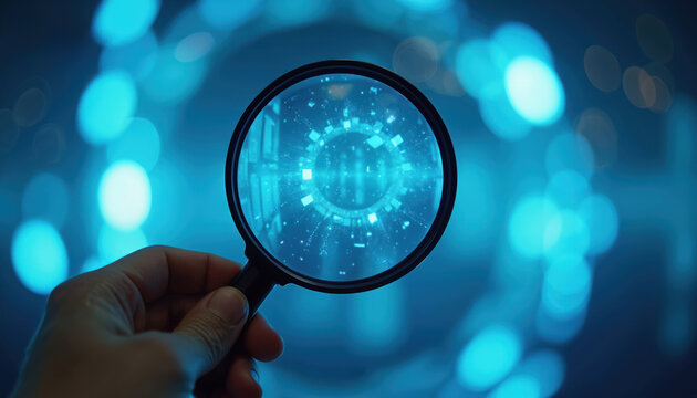 Hand holds magnifying glass exploring futuristic glowing blue digital interface. Person scrutinizes data analysis on blurred background. Search for info, insight discovery. - Powered by Adobe