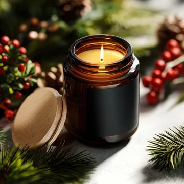 Cozy candle jar with seasonal label and natural winter details