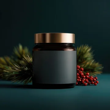 Christmas candle mockup styled with pine and warm soft light