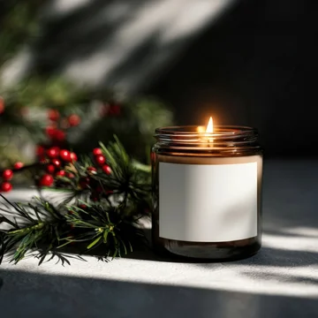 Glowing holiday candle with red berries and festive greenery