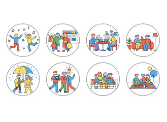 A group of young women or girlfriends spending time together&mdash;drinking tea at a caf&eacute;, walking with umbrellas, pillow‑fighting, shopping, and taking selfies