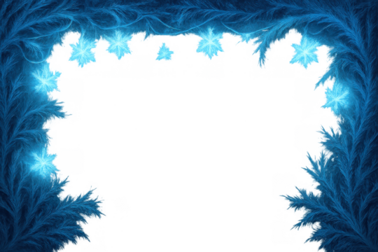 Winter frost frame with sparkling snowflakes, creating a cool blue ice border decorative design, transparent background