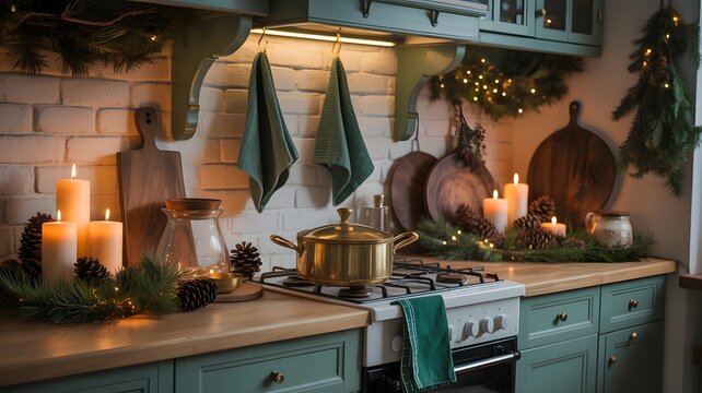 Cozy Christmas kitchen, festive holiday decor with teal cabinets, warm lighting, pine branches, glowing candles, golden pot, rustic charm, inviting interior, virtual background aesthetic - Powered by Adobe