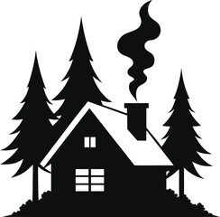 Cabin in the woods silhouette with smoke from chimney isolated on white background isolated on transparent background