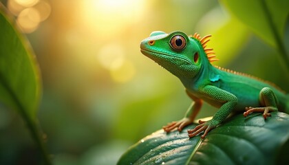 Fototapeta premium Bright green lizard sits on wet leaf in sunlit jungle. Reptile textured skin, orange crest visible. Tiny creature in rich green habitat, wild nature setting.