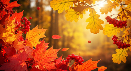 Image of colorful autumn leaves and red berry clusters against a blurry, bright background, representing fall season, vibrant colors, and nature's beauty