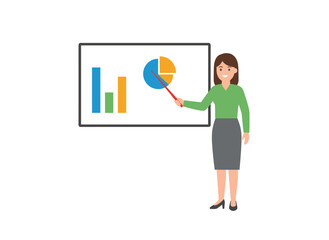 A female presenter uses a pointer to highlight a whiteboard during a business seminar, depicted as a flat vector illustration of a woman at a flipchart