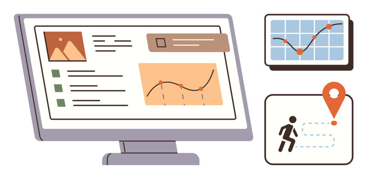 Computer monitor displaying data analysis and tracking tools alongside charts and a location map. Ideal for analytics, business, technology, marketing, research, productivity, education, simple flat