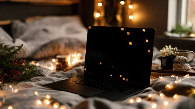 Laptop screen mockup surrounded by glowing Christmas lights