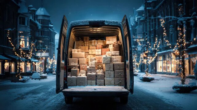 Delivery van filled with wrapped gifts, parked in a snowy street adorned with twinkling lights, camera pans to reveal festive atmosphere and holiday spirit