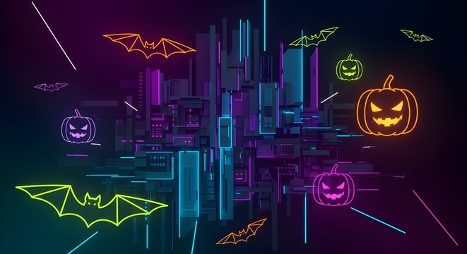 Cyberpunk Halloween cityscape with glowing neon pumpkins and bats creates an eerie, modern, and festive atmosphere for your project or campaign