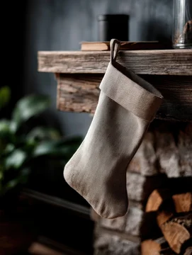 Rustic fireplace with hanging Christmas stocking and cozy decor