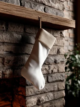 Cozy living room with blank stocking on warm festive fireplace