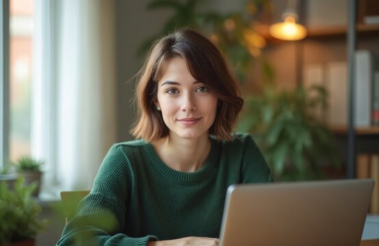 Young woman with short hair smiles at camera. Works on laptop computer in modern home office setup. Remote worker, female entrepreneur, online business pro at home. Freelancer enjoys cozy, productive - Powered by Adobe