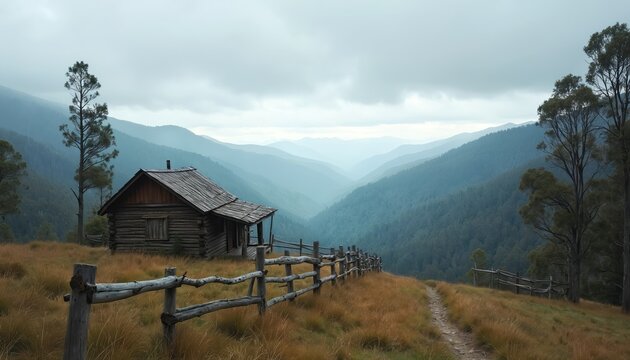 Rustic wooden cabin sits on grassy hill with weathered fence. Mountain valley forest stretches into distant hazy blue hills. Overcast sky looms above remote isolated landscape.