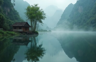 Fototapeta premium Traditional wooden house stands by calm misty lake. Tall bamboo trees grow beside rustic structure. Green mountains covered in fog rise in background. Peaceful early morning landscape perfectly