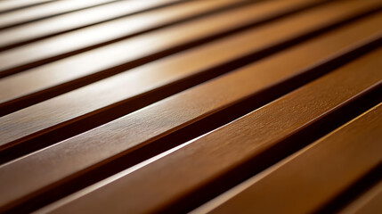 Close-up of a wooden surface with parallel bars, offering a natural and textured aesthetic. Light reflects smoothly, enhancing the wood's color and details.