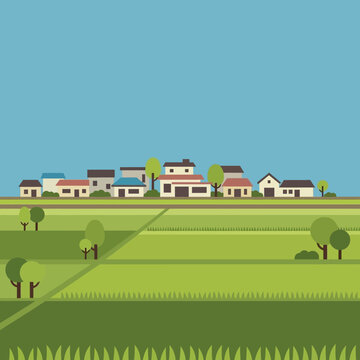 A serene illustration of a rural landscape featuring houses, trees, and fields under a clear blue sky.